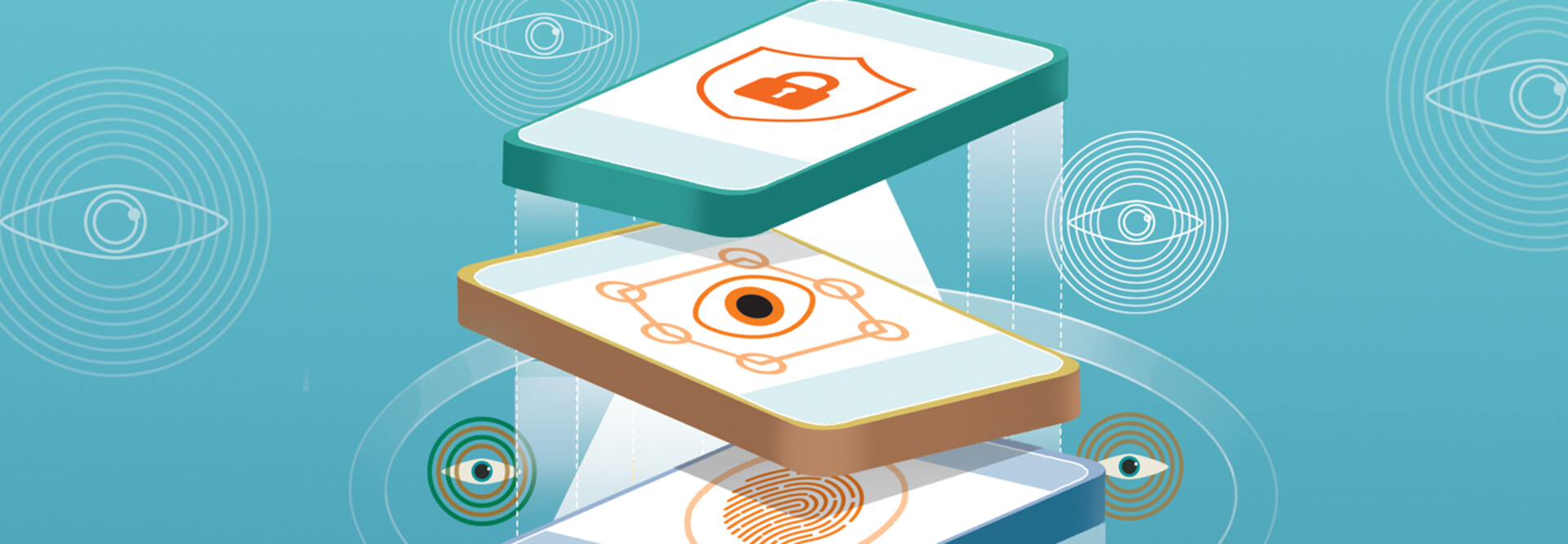Illustration wherein layers of tech are providing cyber defense