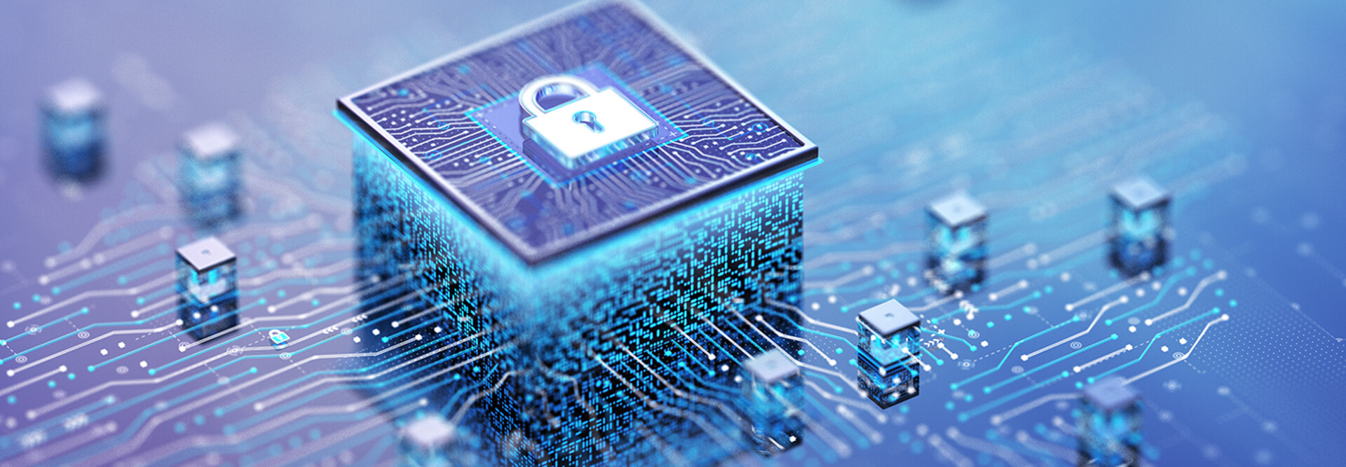 A 3D rendered image of a computer chip with a lock icon embossed on the chip
