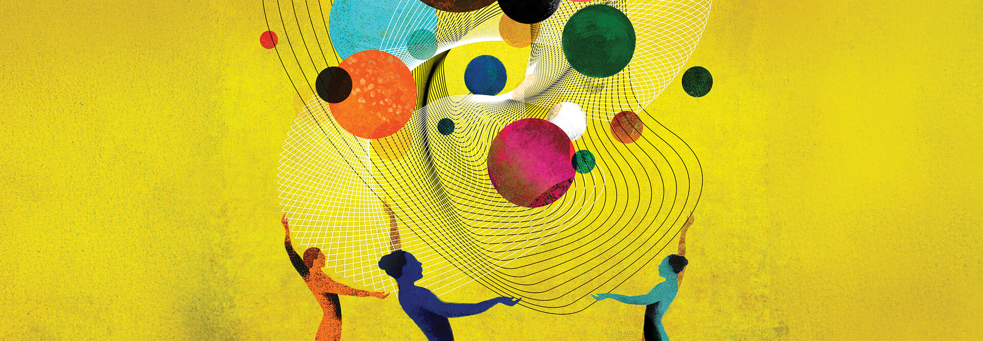 Illustration of people juggling orbs