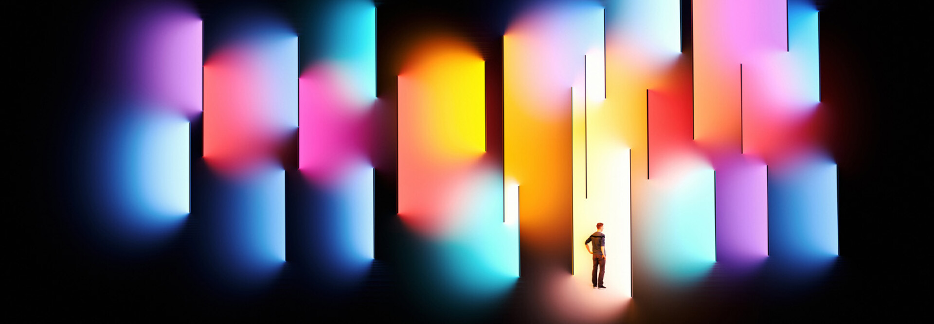 Illustration of person surrounded by multicolor spotlight 