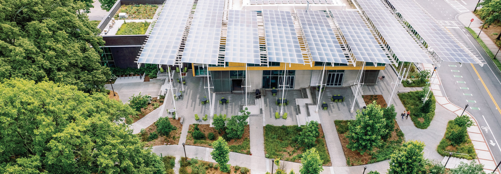 Aerial shot of the Kendeda Building at Georgia Tech