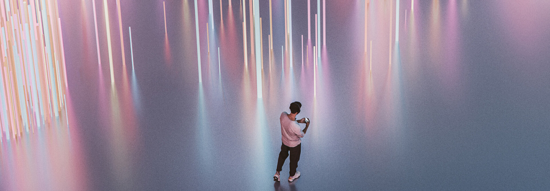 Person walking with phone and headphones