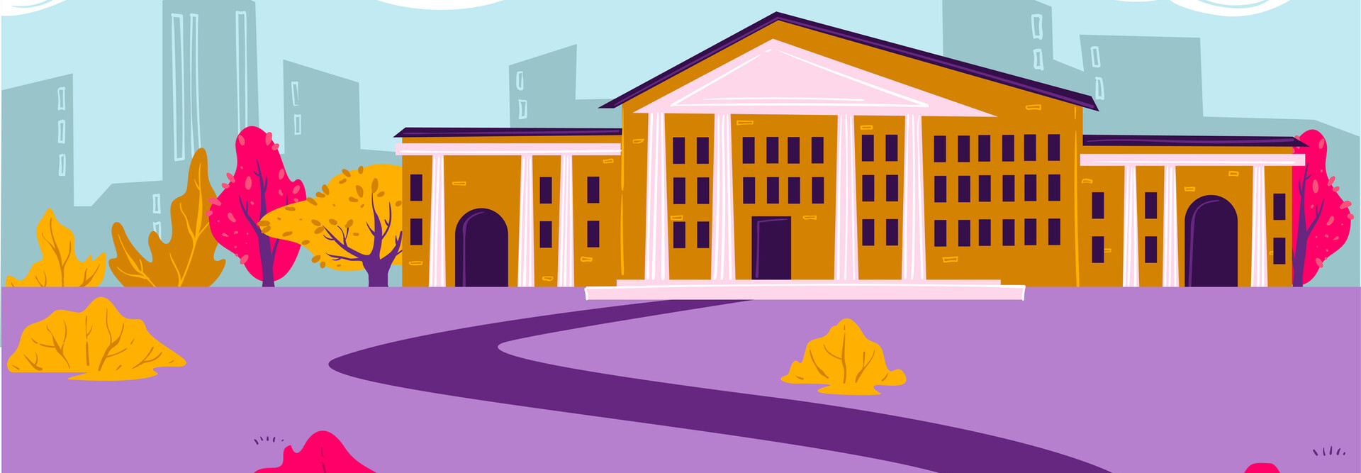 Drawing of building with columns with a city behind it in the distance