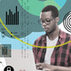 Collage-style illustration of a student learning things in higher education.
