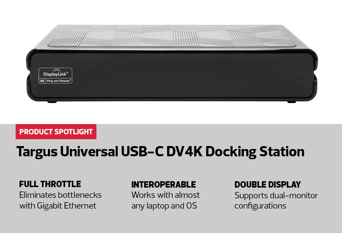 The Targus Universal DV4K docking station has dual HDMI ports packed into a tiny frame.