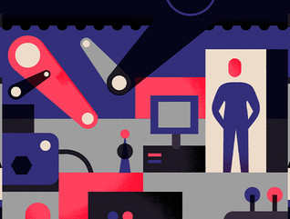 Illustration of a person standing around various technology