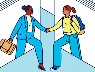 Illustration of two people shaking hands in a virtual cubicle