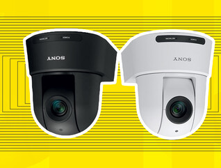 Two ceiling cameras pictured over a yellow background