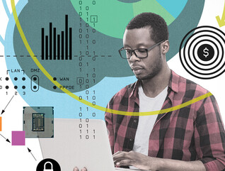 Collage-style illustration of a student learning things in higher education.