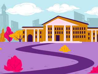 Drawing of building with columns with a city behind it in the distance