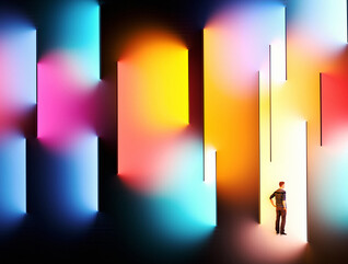 Illustration of person surrounded by multicolor spotlight 