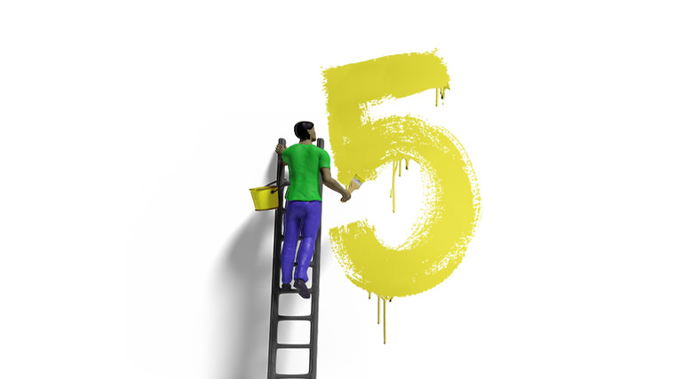 Cartoon person on a ladder painting a number five