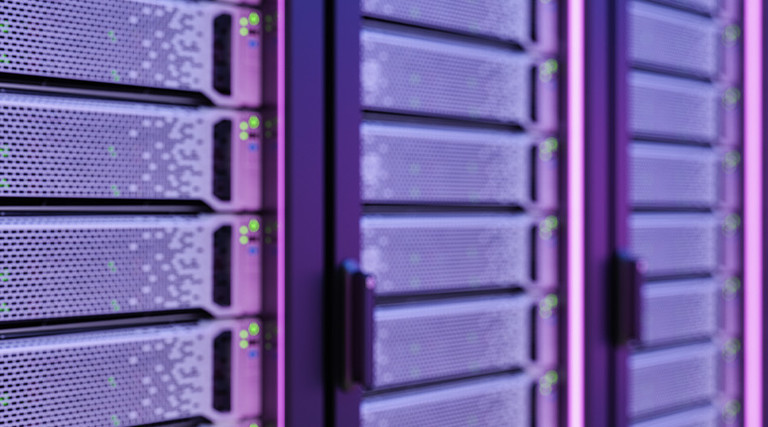 Close-up of Server Room with Purple Lights
