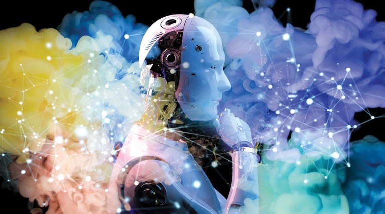 A robot ponders its existence as bursts of color emerge around its head