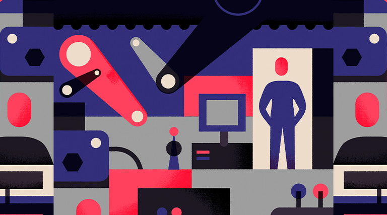Illustration of a person standing around various technology