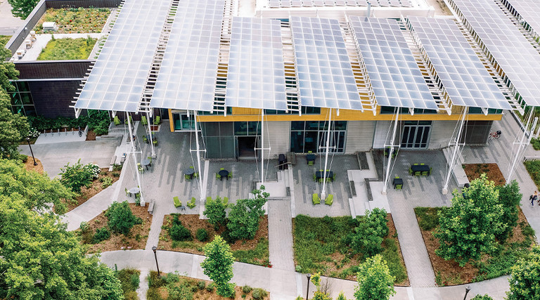 Aerial shot of the Kendeda Building at Georgia Tech