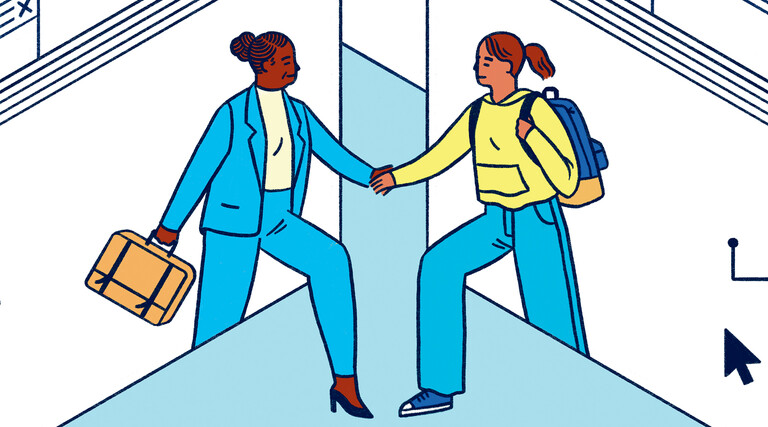 Illustration of two people shaking hands in a virtual cubicle
