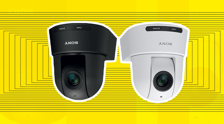 Two ceiling cameras pictured over a yellow background