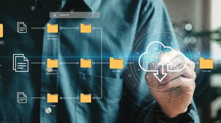 Visualization of a man using a touchscreen to move files into the cloud