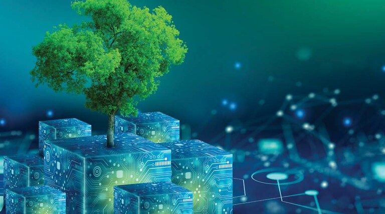Illustration of a tree growing out of some futuristic cubes