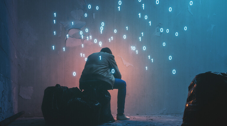 Virtual binary code surrounding human