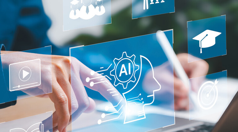Some tech-looking icons superimposed over a person's hands on a laptop