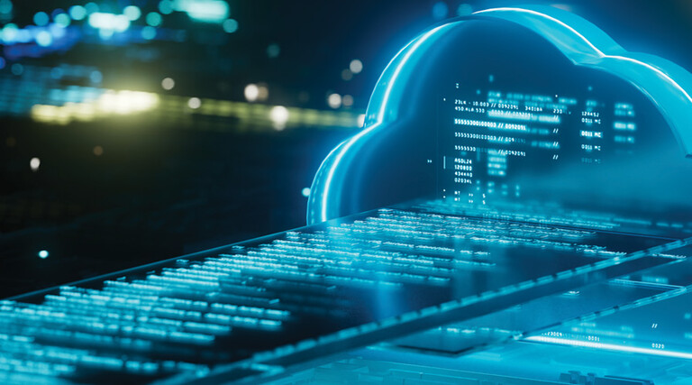 Illustration of a high-tech cloud with some lines of code and futuristic-looking light effects