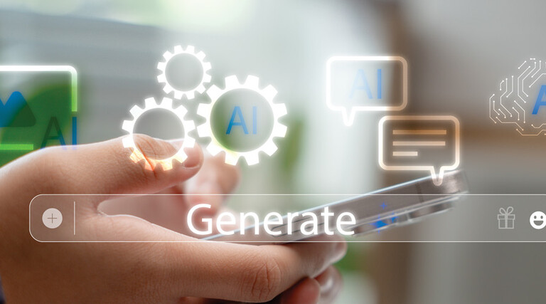 A person's hand holding a smartphone, with icons representing generative AI