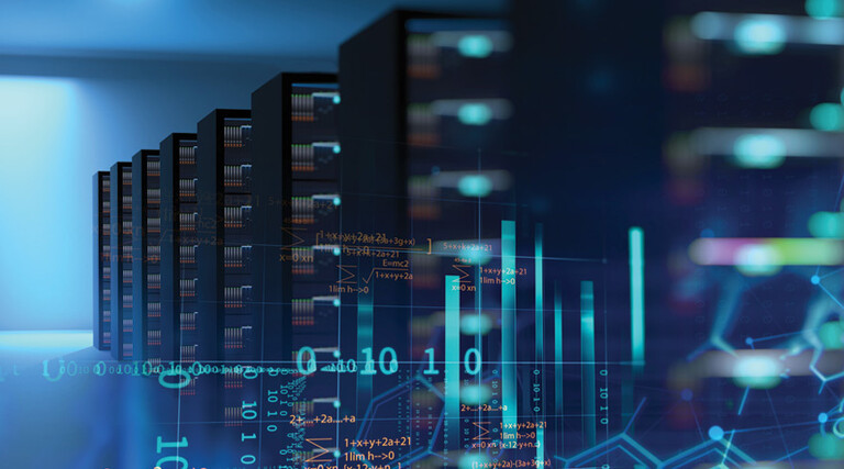 Photo illustration of high-performance computing with lots of blue-ish lights and a few racks of servers