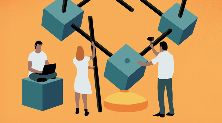 Abstract illustration of people putting together some kind of object