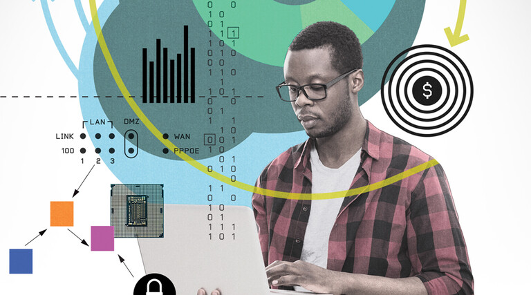 Collage-style illustration of a student learning things in higher education.