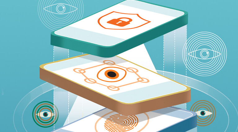 Illustration wherein layers of tech are providing cyber defense