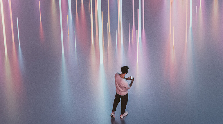 Person walking with phone and headphones