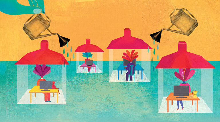 Illustration of watering cans over people using computers