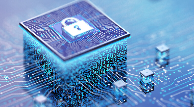 A 3D rendered image of a computer chip with a lock icon embossed on the chip