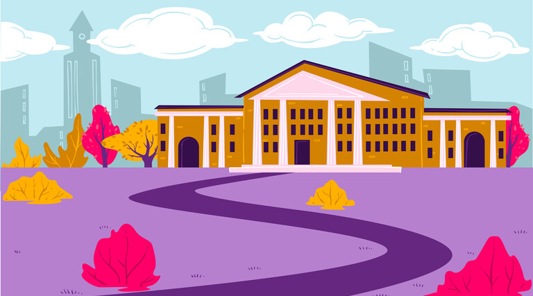 Drawing of building with columns with a city behind it in the distance