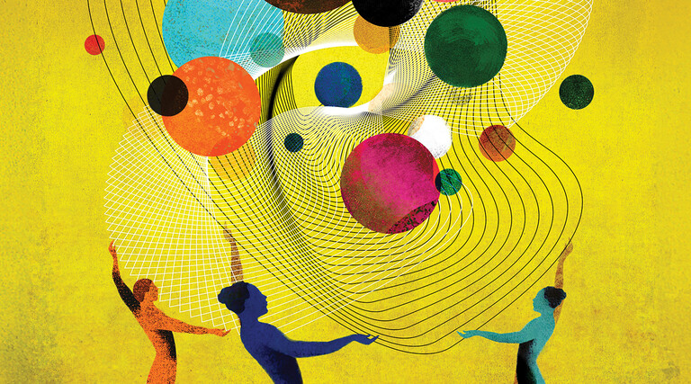 Illustration of people juggling orbs