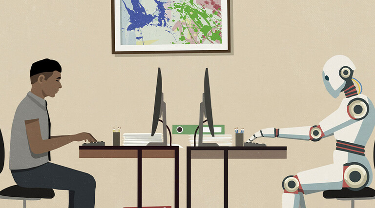 Illustration of human and AI bot working at computer