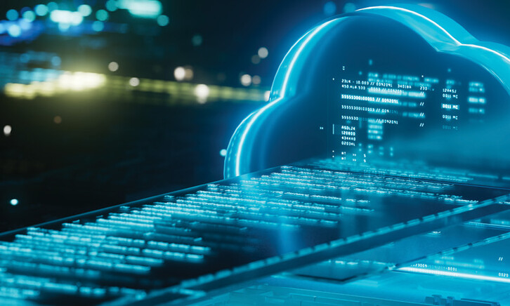 Illustration of a high-tech cloud with some lines of code and futuristic-looking light effects