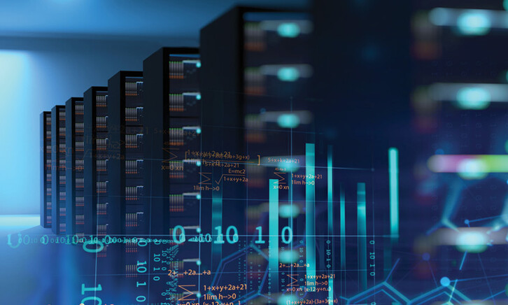 Photo illustration of high-performance computing with lots of blue-ish lights and a few racks of servers
