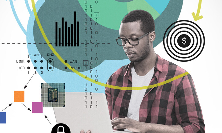 Collage-style illustration of a student learning things in higher education.