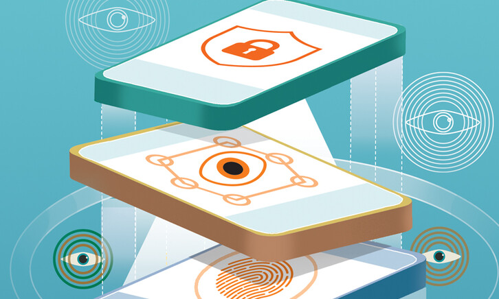 Illustration wherein layers of tech are providing cyber defense