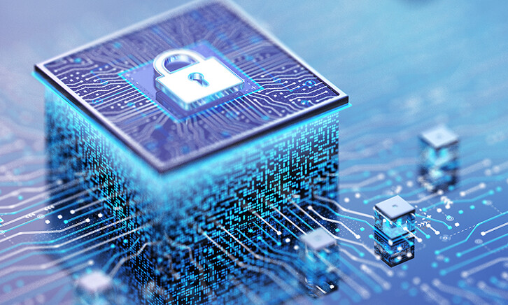 A 3D rendered image of a computer chip with a lock icon embossed on the chip
