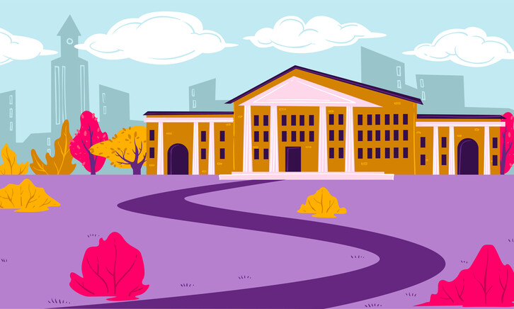 Drawing of building with columns with a city behind it in the distance