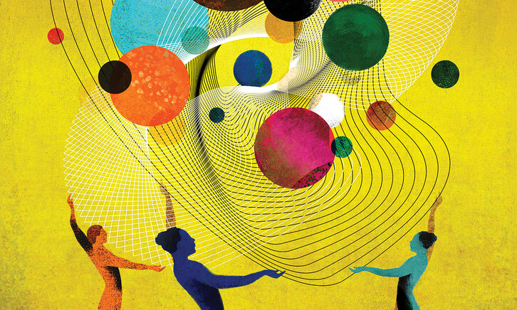 Illustration of people juggling orbs
