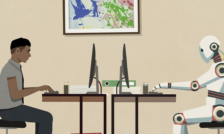 Illustration of human and AI bot working at computer