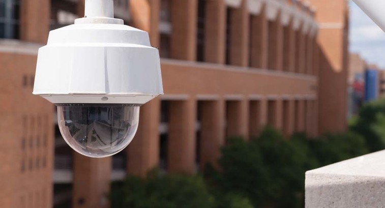 A surveillance camera on a college campus