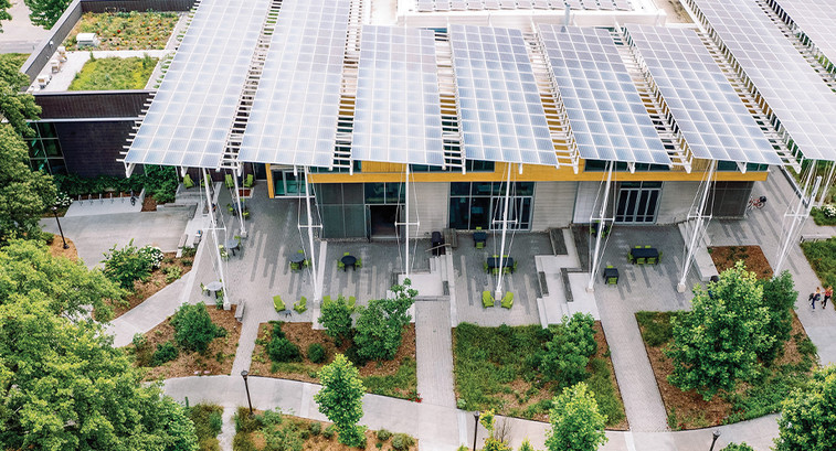 Aerial shot of the Kendeda Building at Georgia Tech