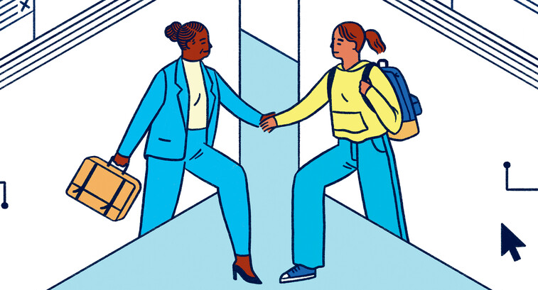 Illustration of two people shaking hands in a virtual cubicle