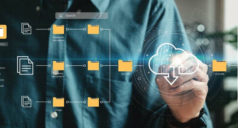 Visualization of a man using a touchscreen to move files into the cloud